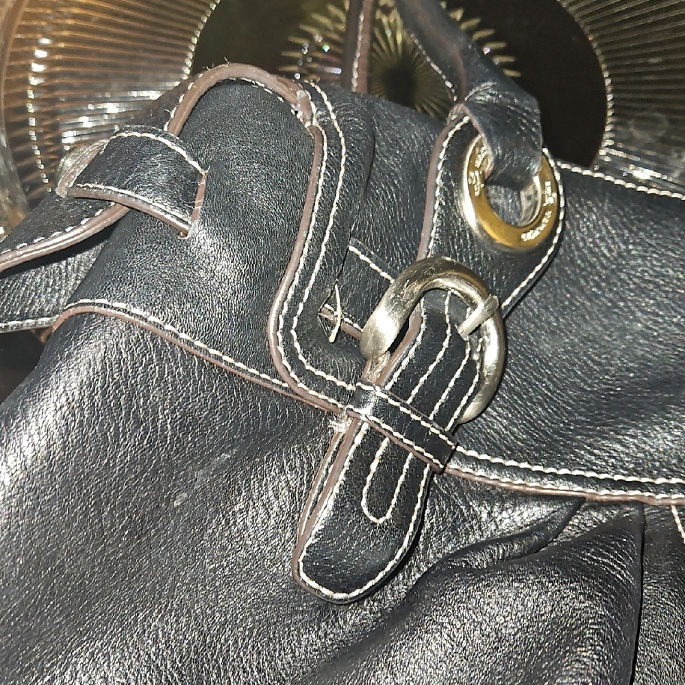b. makowsky Black Leather Shoulder Bag, Heavy Silver Hardware&White Stitching - Picture 6 of 16